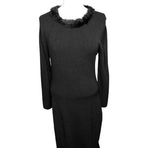 Max Studio Black Fuzzy Collar Long Sleeve Knit Dress knee length medium